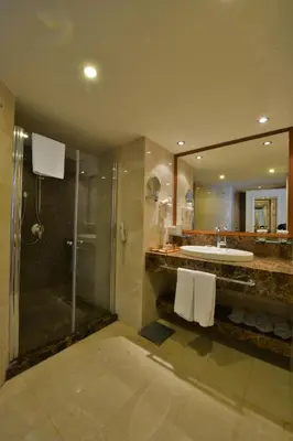 a bathroom with a sink and a shower and a mirror at Marigold Thermal & Spa Hotel Bursa in Bursa