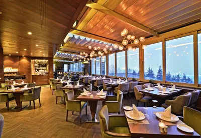 a restaurant with tables and chairs and windows at Marigold Thermal & Spa Hotel Bursa in Bursa