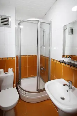 a bathroom with a shower and a toilet and a sink at Lyon Hotel İstanbul in Istanbul