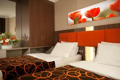 a hotel room with two beds and flowers on the wall at Birbey Hotel in Istanbul