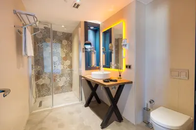 a bathroom with a sink and a shower and a toilet at Seminal Hotel Taksim in Istanbul