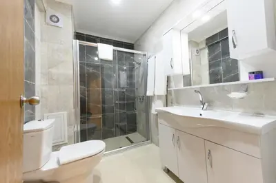 a bathroom with a toilet and a shower and a sink at Entes Apart in Istanbul