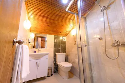 a bathroom with a shower and a toilet and a sink at Entes Apart in Istanbul