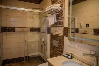 a bathroom with a shower and a toilet and a sink at Mari Suites Hotel in Istanbul