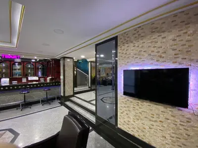 a room with a large tv on a brick wall at Grand Oral Hotel in Istanbul