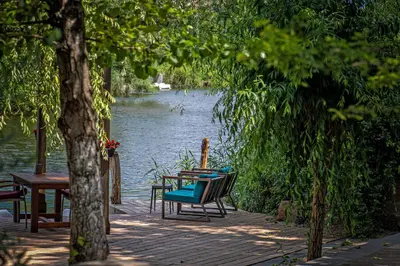 a group of chairs sitting on a dock by the water at Wineport Lodge Agva Riverside Hotel & Winery in Agva