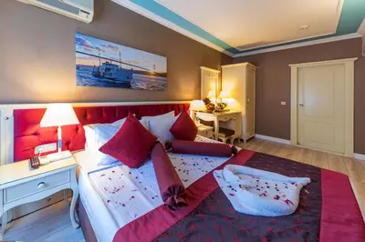 a bedroom with a large bed with red pillows at Viva Deluxe Hotel in Istanbul