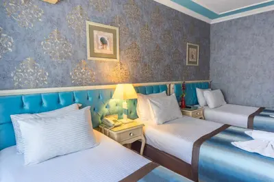 a room with two beds and a table with a lamp at Viva Deluxe Hotel in Istanbul