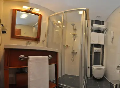 a bathroom with a shower and a toilet at Hotel Perula & SPA in Istanbul