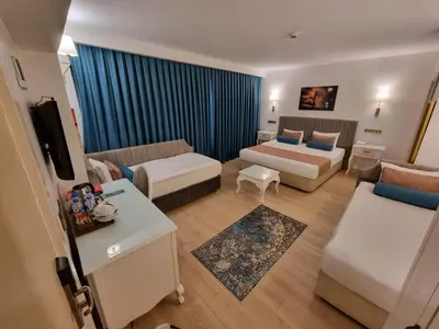 a small living room with a couch and a bed at Taximtown Hotel in Istanbul