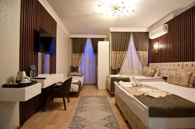 a hotel room with a bed and a desk at Hotel Broken Column in Istanbul