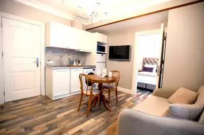 a living room with a table and a kitchen at Meroddi Pera Flats in Istanbul