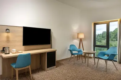 a hotel room with a flat screen tv and blue chairs at Park Inn by Radisson Istanbul Airport Odayeri in Istanbul