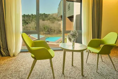 a room with two chairs and a table and a pool at Park Inn by Radisson Istanbul Airport Odayeri in Istanbul