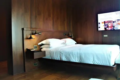 a bedroom with a large bed with a wooden wall at Hyatt Centric Levent Istanbul in Istanbul