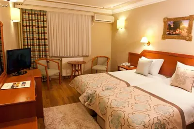 a hotel room with a bed and a television at Boyuguzel Termal Hotel in Bursa