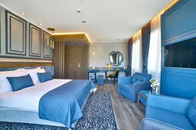 a bedroom with a bed and a couch and a chair at Amethyst Hotel in Istanbul