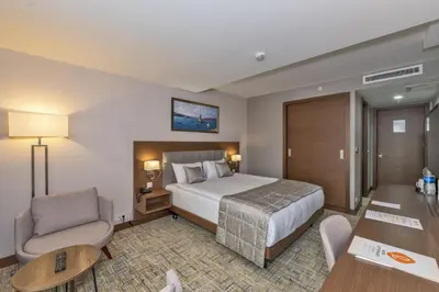 a hotel room with a bed and a desk and chair at Land Park Hotel in Istanbul