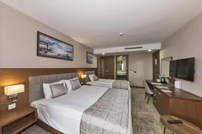 a hotel room with two beds and a television at Land Park Hotel in Istanbul