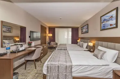 a hotel room with two beds and a desk at Land Park Hotel in Istanbul