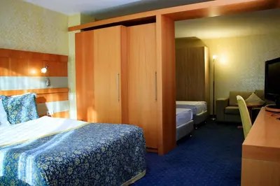 a hotel room with a bed and a television at Burcman Hotel in Bursa