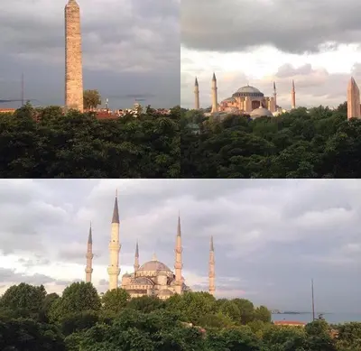 two pictures of a mosque with two towers and trees at Optimist Hotel in Istanbul