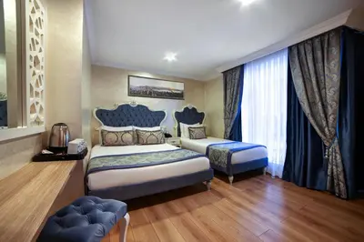 a hotel room with two beds and a window at Ayasultan Hotel in Istanbul