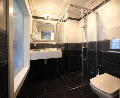 a bathroom with a shower and a sink and a toilet at Ayasultan Hotel in Istanbul