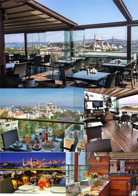 a collage of photos of a restaurant with a view at Burckin Hotel in Istanbul