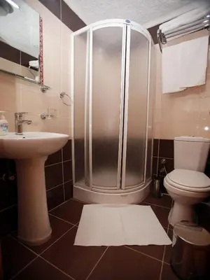 a bathroom with a shower and a toilet and a sink at Arife Sultan Hotel in Istanbul