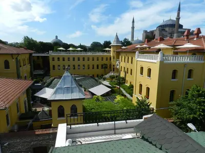 a view from the roof of a building with mosques at Berk Guest House - Grandma's House in Istanbul