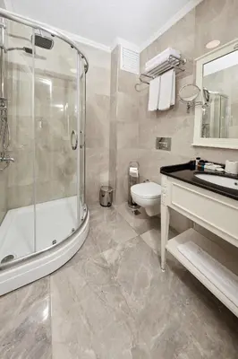 a bathroom with a shower and a sink and a toilet at Albinas Hotel Old City in Istanbul