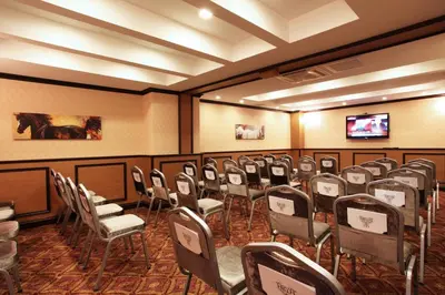 a conference room with chairs and a flat screen tv at Arya Hotel Sakarya in Sakarya