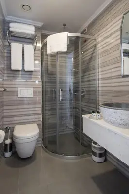 a bathroom with a shower and a toilet and a sink at Primero Hotel in Istanbul
