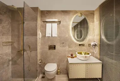 a bathroom with a shower and a toilet and a sink at Sura Design Hotel & Suites in Istanbul