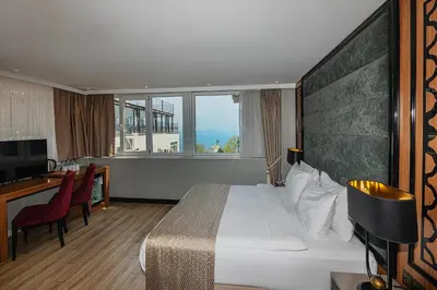 a hotel room with a bed and a desk and a window at Aristocrat Hotel in Istanbul
