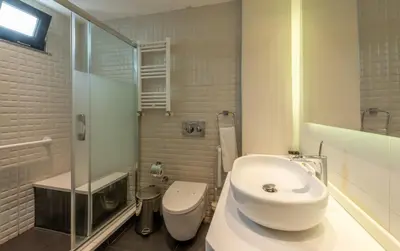 a bathroom with a sink and a toilet and a shower at Riva's Moda in Istanbul