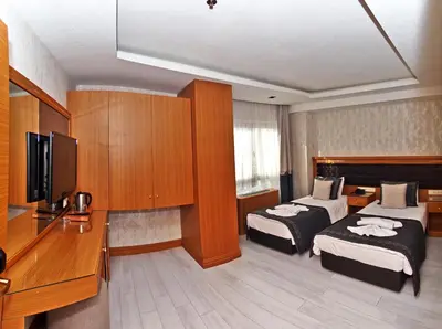 a hotel room with two beds and a flat screen tv at Grand Emir Hotel Old City in Istanbul