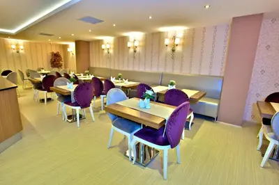 a dining room with purple chairs and tables in a restaurant at Laleli Emin Old City Hotel in Istanbul