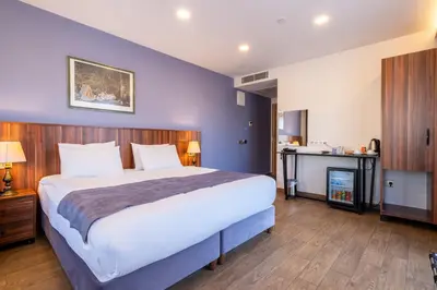 a bedroom with a large bed and a kitchen at La Wisteria Boutique Hotel Istanbul in Istanbul