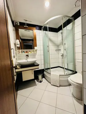 a bathroom with a shower and a sink and a toilet at Grand Anatolia Hotel in Istanbul