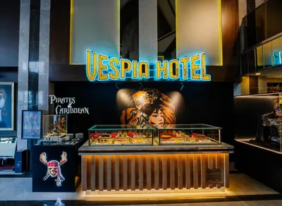 a restaurant with a buffet of food on display at Vespia Hotel in Istanbul