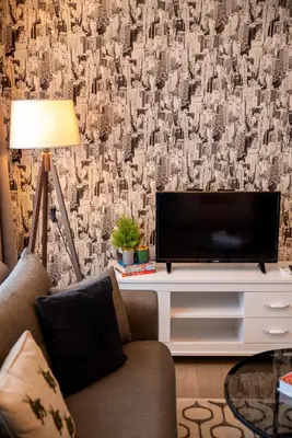 a living room with a tv and a couch at 12 rooms hotel in Köseilyas