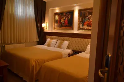 a hotel room with two beds and paintings on the wall at Blue Istanbul Hotel in Istanbul