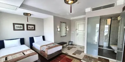 a bedroom with two beds and a bathroom with a shower at Azade Suites in Istanbul