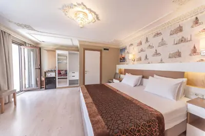 a bedroom with a large bed and a chandelier at Tayahatun Hotel in Istanbul
