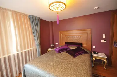 a bedroom with a large bed with purple pillows at Merial Hotel Sultanahmet in Istanbul