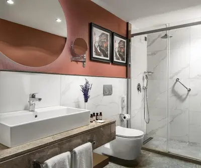a bathroom with a sink and a toilet and a shower at Aspera Hotel Altunizade in Istanbul