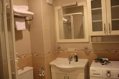 a bathroom with a sink and a toilet and a mirror at Taksim House Suites in Istanbul