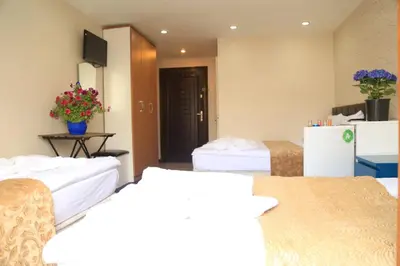 a hotel room with two beds and a tv at holiday family apart in Istanbul